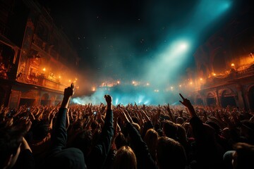 A crowd of people at a live event, concert or party holding hands and smartphones up. 