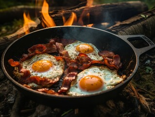 In the forest, a camping breakfast sizzles in a cast iron skillet: fried eggs with bacon over an open fire, creating a delightful meal in the wilderness