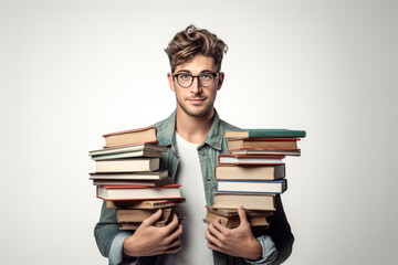 Man Holding Stack Of Books In His Hands