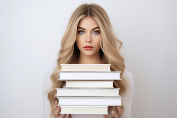 Modern Model Woman Holding Books Closeup On White Background