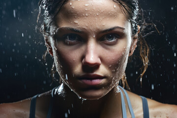 Portrait Of Female Athlete With Drops Of Sweat On Her Face In The Rain