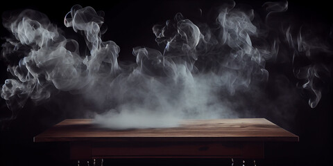 Empty wooden table with smoke float up on dark background, Ai generated image