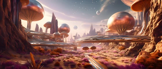 Fototapeten Fantasy alien planet. Flying saucers and planets. 3D illustration © Iman