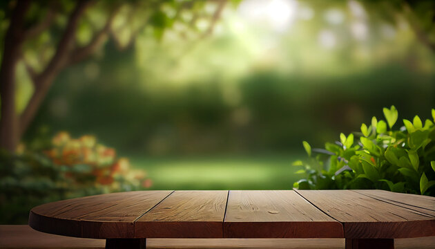 Empty wooden table and blurred background of garden. Ready for product display montage, empty wooden table in garden, Ai generated image  