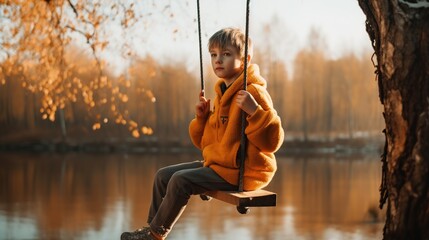Cute little boy swinging on a swing.