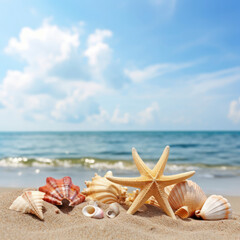 Fototapeta na wymiar A starfish and seashells on a sandy beach