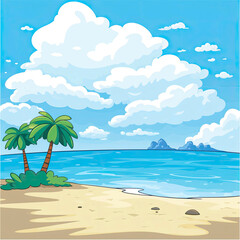 Fototapeta na wymiar A tropical beach with a majestic mountain and a solitary palm tree