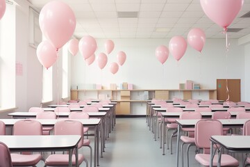 In this beautiful schoolroom filled with cheerful pastel furniture, pink balloons and smiling kids, happiness radiates from the walls to the floor and up to the ceiling