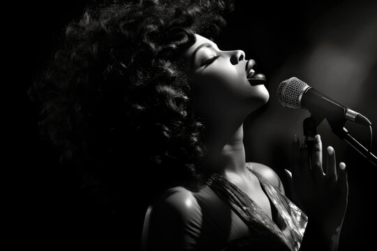 Woman Singing Into Microphone In Black And White Photo