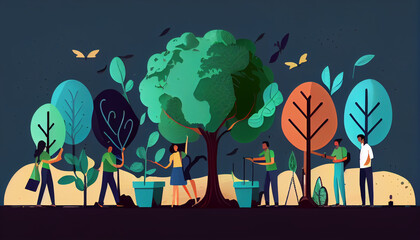 Environmental cooperation. Unity of businesspeople and community together plant trees for sustainable development goals Ai generated image