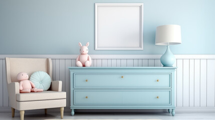 A blue chest of drawers with a stuffed animal on top of it. Painting mockup.