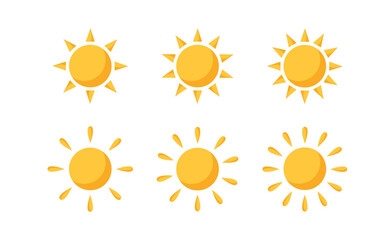 Six different sun icons. Sun icons with different rays. Vector illustration in flat style.	