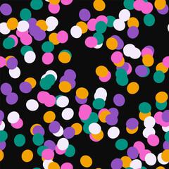 Naklejka na ściany i meble Halloween dotted seamless pattern. Abstract hand drawn pink, orange, violet blots, spots, confetti isolated on black background. Funny childish print, doodle texture. Vector illustration 