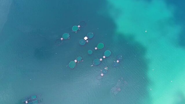 Aerial view of a fish farm in the open sea