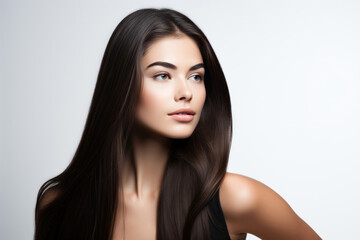 Naklejka premium Woman With Brunette Straight Long Hair On White Background