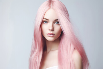 Woman With Pink Straight Long Hair On White Background