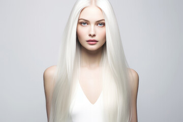 Woman With White Straight Long Hair On White Background