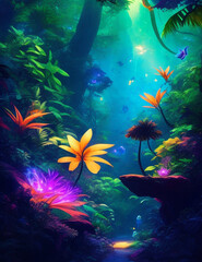 Fototapeta na wymiar Explore a vivid jungle suspended in space, where the foliage is an explosion of colors, and bioluminescent creatures roam freely.