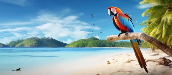 parrot standing on the beach with palm trees Generative AI