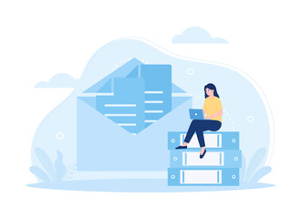 Worker organizing documents and data via laptop concept flat illustration