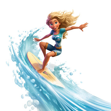 Cute surfer character surfing on beach waves sunset summer  isolated on white background 3d animation style