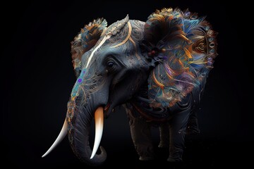 A horned elephant with peacock feathers. Generative AI