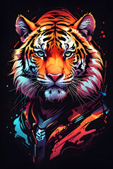 tiger face only, neon style, no background, t shirt design