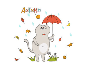 Cartoon cat with an umbrella. Rain, leaf fall. Autumn season. Pet, walk. Vector illustration. The background is isolated.