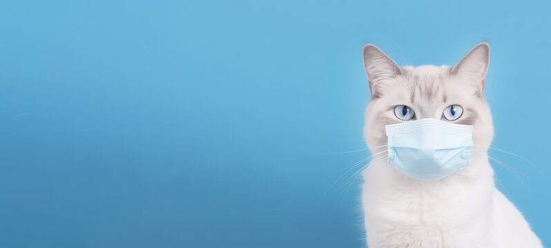 Cute cat with medical mask looking at camera isolated on light blue background with big copy space left. Background or banner with concept of veterinary or medical care for pets.