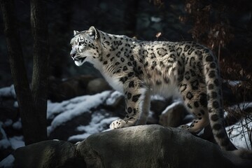 Obraz premium a snow leopard camouflaged amidst the rocky terrain, embodying the elusive and mystical nature of this endangered species. Generative AI