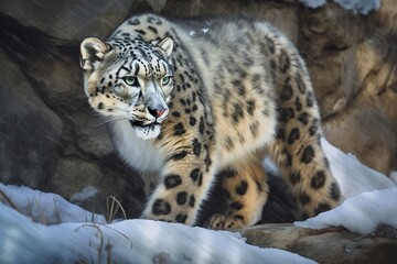 A mysterious and elusive Snow Leopard prowling through the mountains showing off its mysterious and elusive nature. Generative AI