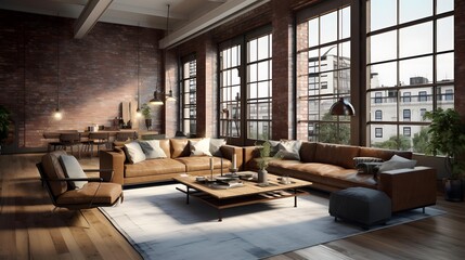 Fototapeta na wymiar Panorama of modern living room with panoramic windows and sofa