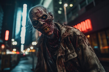 Obraz premium Zombie on the street, Halloween scary background Generative AI
