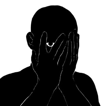 Stylized illustration of a scary looking black shadowy androgynous silhouette figure covering their face with both hands but peeking through with one eye