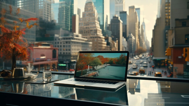 screen of laptop. laptop on the table with light and tower background.