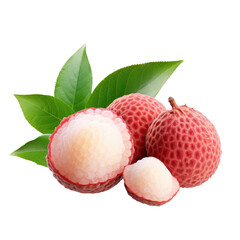 Lychee section with leaves on transparent backround, with clipping path.