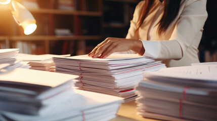 Businesswoman hands working in Stacks of paper files for searching information on work desk in office