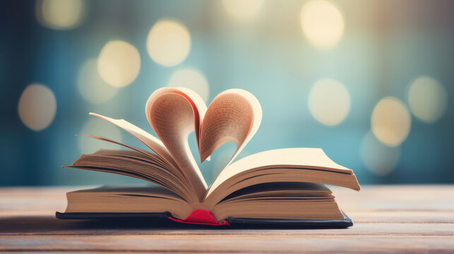 Open Book pages in shape of heart on blurred blue background.Created with Generative AI technology.