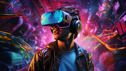 young gamer with vr glasses in a futuristic world. ai generated 