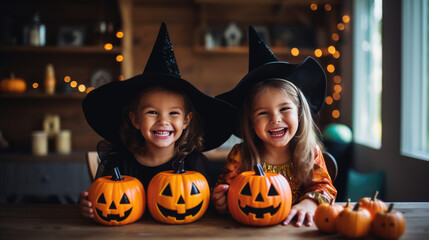 Group of child girls in witch costumes for Halloween with pumpkin lantern at home.