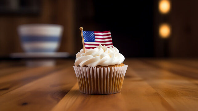 Cupcake with miniature American flag on blurred background.Created with Generative AI technology.