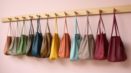 Lots of colorful eco friendly bags hanging on the hook. Created with Generative AI technology.