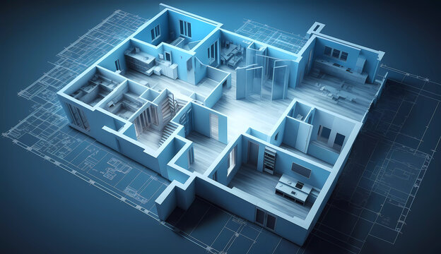 3d concept of house floor plan construction. blue architecture. AI generated