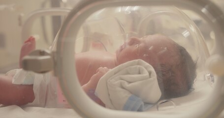 Closeup lovely little newborn baby infant lying in incubators for newborns, Newborn baby having the...