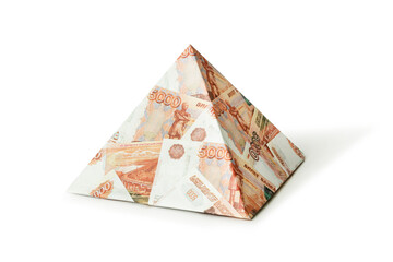 pyramid scheme isolated on a white background. The concept of exchange in financial markets is the collapse of the financial system of capitalism. ruble pyramid scheme. Fraud in Russia.
