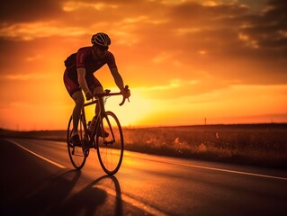 Fototapeta na wymiar Mit dem letzten Licht: Rennradfahren im Sonnenuntergang