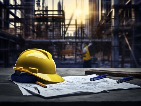 Arbeitssicherheit: Schutzhelme liegen bereit auf den Bauplänen