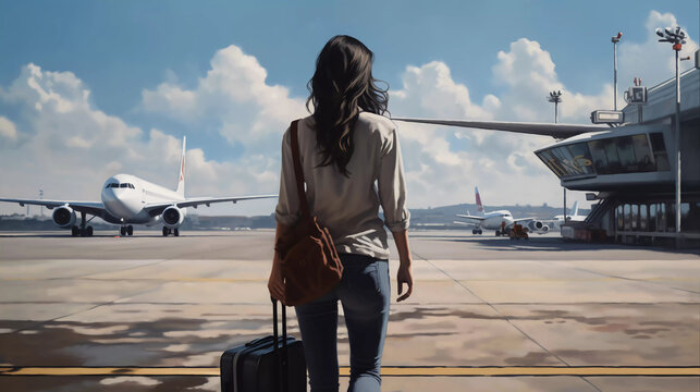 young woman with her luggage at the airport. ai generated