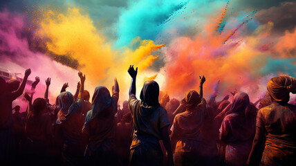 Fototapeta na wymiar Multi Colored people silhouettes on Holi festival of spring, Holi festival celebration. Generative AI