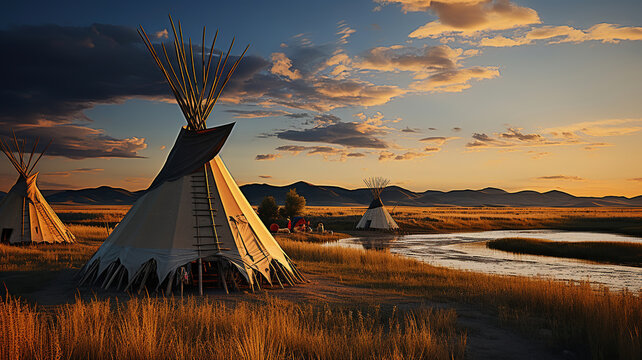 Indigenous first nation tipis on the great plains of north america. Generative AI